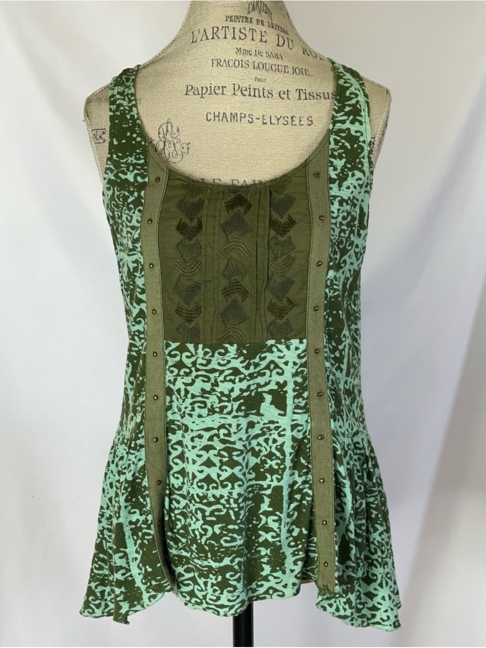 Anthropologie Olive Green & Mint Patterned Tank Top